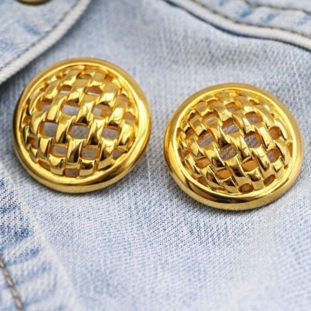 Vintage Gold Tone Woven Dome Earrings Chunky Button Studs Old Money Chic 1980s
